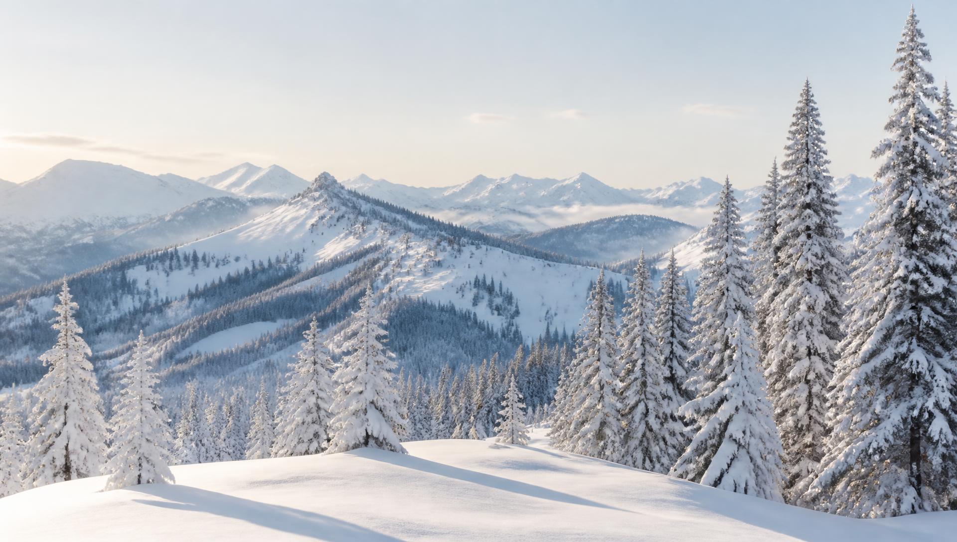 Paisagem de montanhas nevadas com pinheiros ao amanhecer